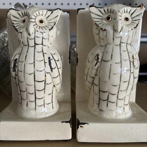 Ceramic Owl Bookends-Shabby Chic Off White Vintage Bookends Set Of 2